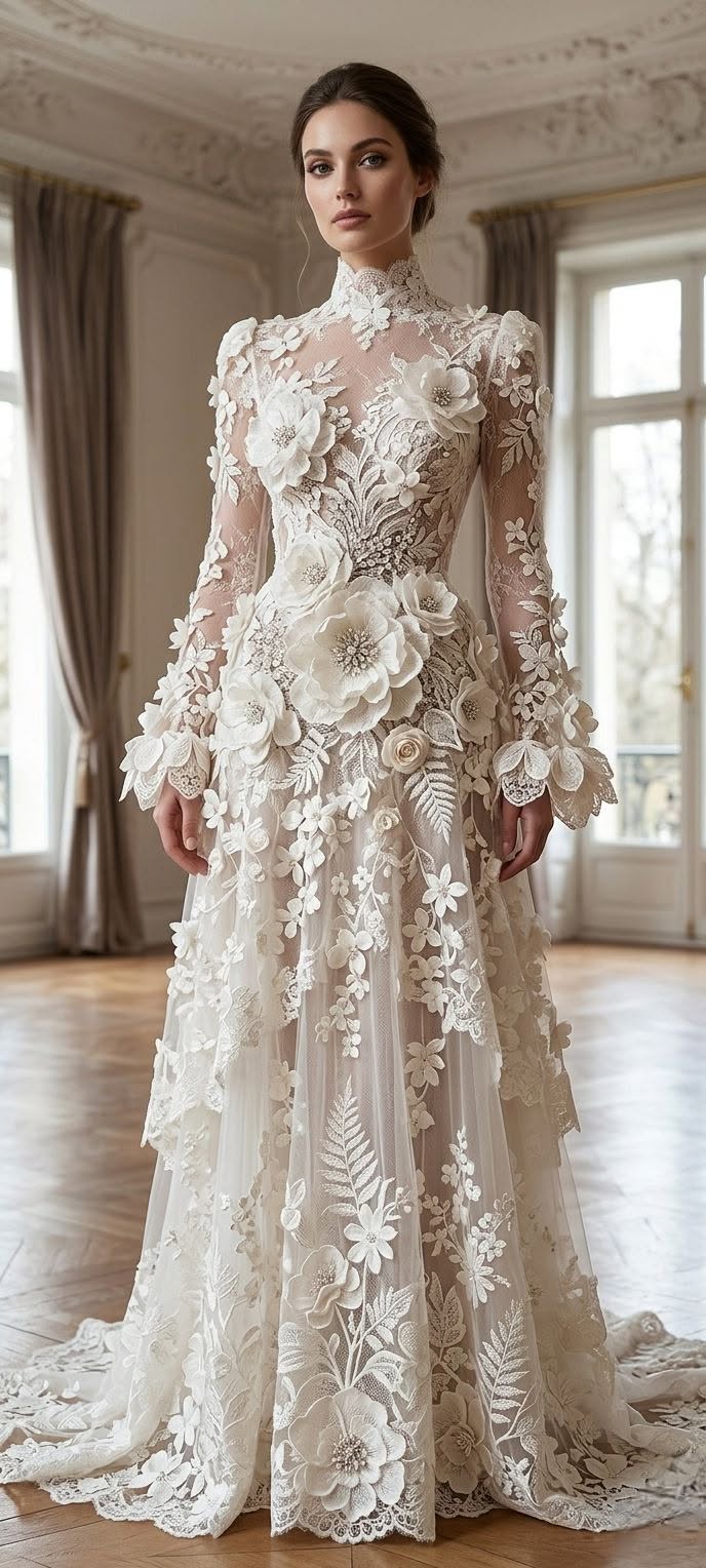 Haute Couture საქორწილო კაბა 3D ყვავილოვანი აპლიკაციებითა და მაღალი საყელოთი